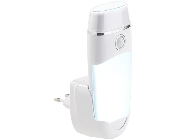 Lampe blanche sur prise électrique avec panneau lumineux allumé, bouton circulaire et anneau chromé