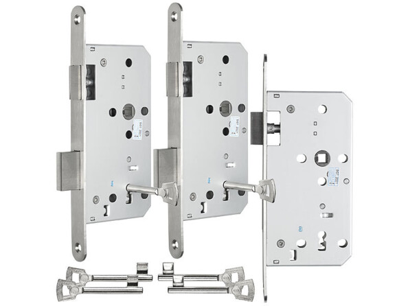 Pack de 3 serrures à encastrer (DIN droite) avec pêne demi-tour, pêne dormant et gâche, 2 clés, 3 vis et mode d'emploi en français