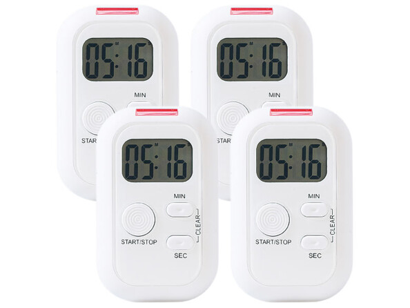 Quatre minuteurs avec alarme sonore, lumineuse et vibrations.