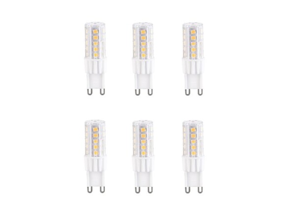 Pack de 6 ampoules LED G9 blanc chaud de 3 watts.