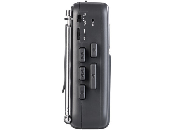 Vue côté droit de la radio-cassette avec boutons de commande et microphone