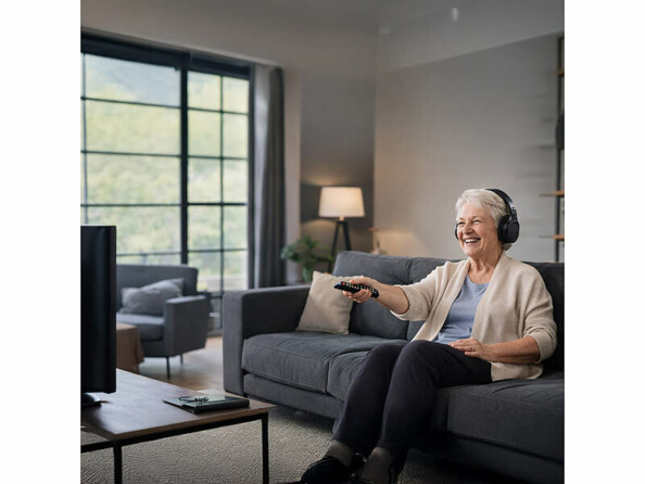 Casque stéréo sans fil avec processeur de signal numérique en regardant la télé.