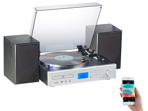 chaine hifi 2 haut parleur lecteur vinyle cd audio bluetooth encodeur numerisateur sur clé usb carte sd auvisio mhx620