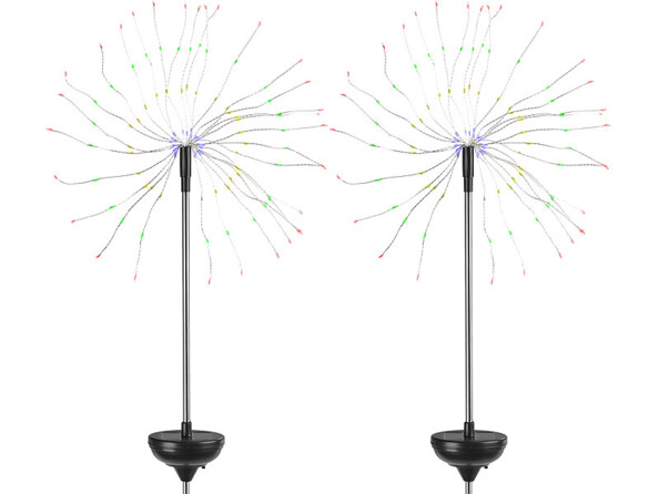 Deux décorations solaires avec lumière RVB et effet feu d'artifice.