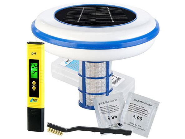 Ioniseur solaire pour piscine PO-160 de la marque Infactory avec pH-mètre numérique de la marque AGT, boîte de rangement, 2 sachets de poudre pour solution d'étalonnage du pH et brosse métallique