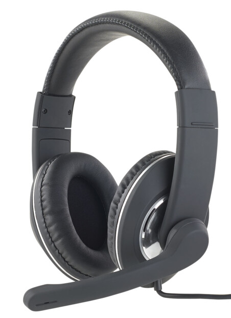 Casque gamer pour PC avec finitions chromées sur les écouteurs et microphone déployé