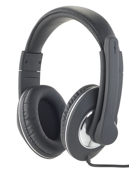 Casque audio filaire coloris noir avec arceau de tête rigide, microphone escamotable et oreillettes rembourrées