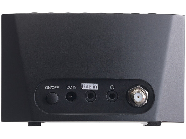 Vue arrière du tuner VR-Radio avec antenne rétractée, bouton ON/OFF, prise casque, entrée DC et sortie Line Out