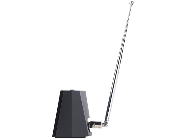 Récepteur tuner coloris noir avec antenne télescopique grise déployée