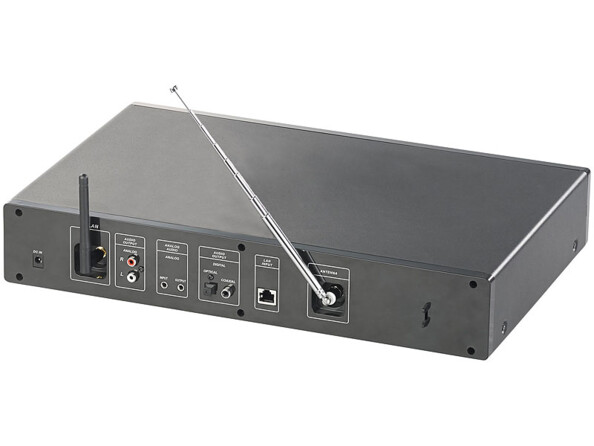 arrière de tuner hifi avec double antennes prise réseau optique cinch coaxiale et jack