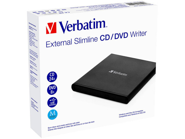 Graveur CD/DVD externe USB 2.0 compatible M-DISC Slimline Verbatim dans son emballage cartonné