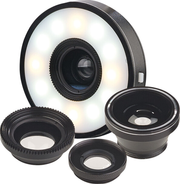 Lentilles pour appareil mobile super grand-angle, macro et fish-eye + Anneau LED Somikon