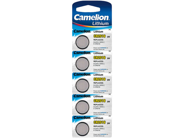 5 piles bouton CR2016 Lithium, 3 Volt, 75 mAh Camelion