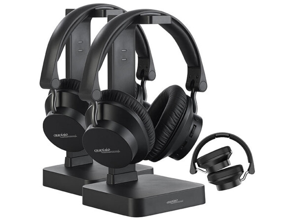 2 casques stéréo sans fil avec amplificateur de son, fonction mains libres et oreillettes pliables de la marque Auvisio