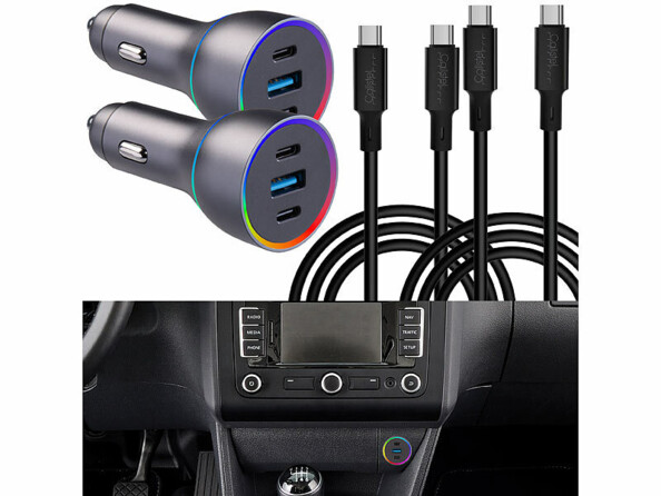 Pack avec 2 chargeurs USB pour prises allume-cigare, 2 câbles USB-C et mode d’emploi en français