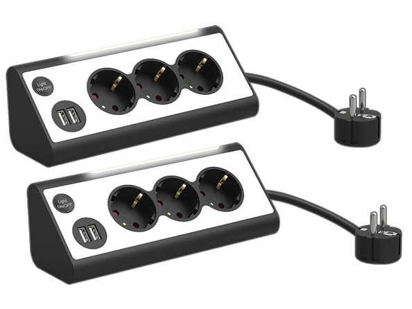 Deux multiprises d'angle avec veilleuse, ports USB et 3 prises 230 V.