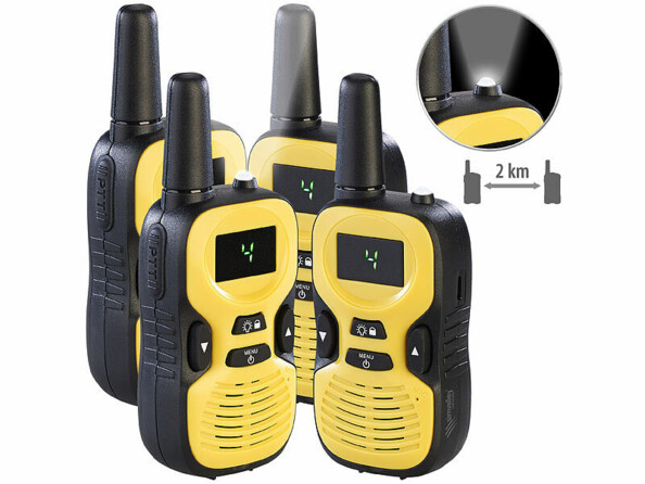 Pack de 4 talkies-walkies portée 2 km WT-200 avec 4 clips de ceinture (amovibles) et mode d'emploi en français