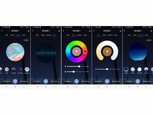5 captures d'écran de l'application de domotique gratuite ELESION disponible sur smartphone et tablette iOS/Android montrant les différents réglages possibles de la lumière des bougies LED connectées