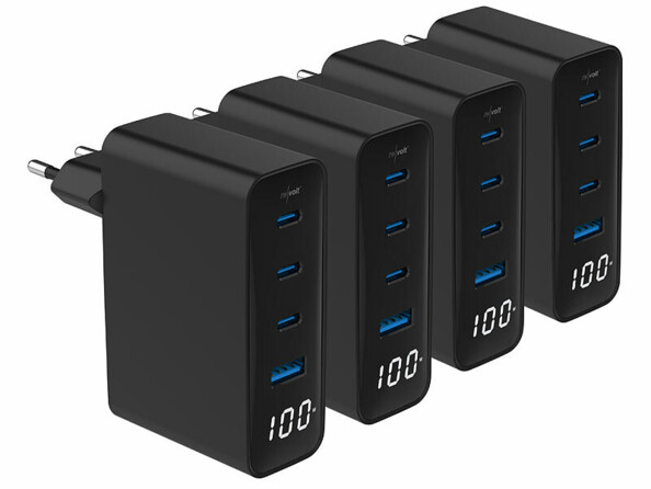 Pack de 4 chargeurs secteur GaN USB-A/USB-C 100 W 4 ports avec écran LED de la marque revolt