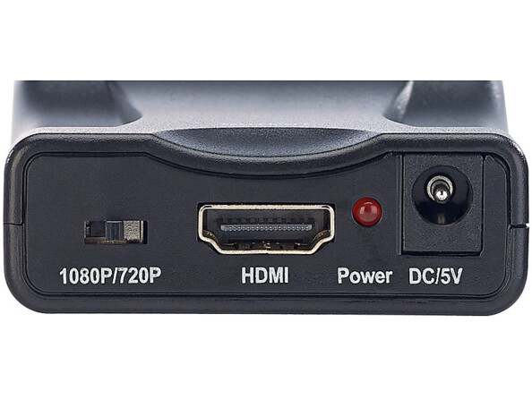 Vue arrière de l'adaptateur Péritel vers HDMI Auvisio avec port HDMI, connecteur DC/5V et commutateur de résolution de l'image (1080p ou 720p)