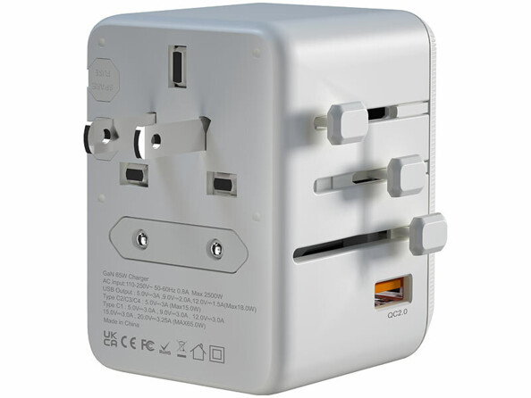 Adaptateur universel monde GaN avec port de charge USB jusqu'à 65 W