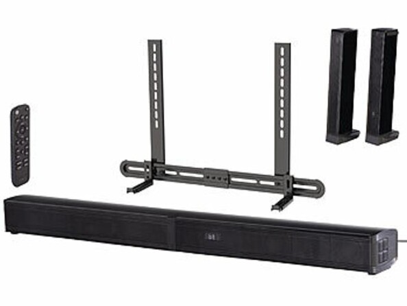 Pack avec barre de son MSX-720.bt (kit de 2 pièces), télécommande, chargeur secteur, câble optique, câble jack 3,5 mm, 2 câbles pour enceintes (1 x 10 cm, 1 x 2,5 m), support mural (préassemblé), visserie de fixation, 2 pieds et support de barre de son