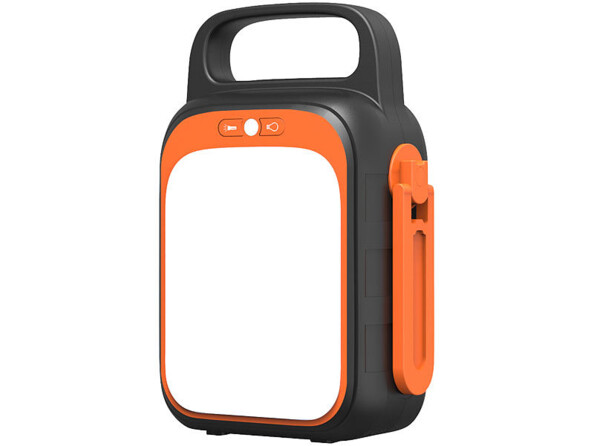 Arrière de la batterie externe coloris noir et orange avec panneau LED sur toute la surface, commutateur lampe de poche/panneau LED, manivelle sur le côté droit et poignée sur le dessus