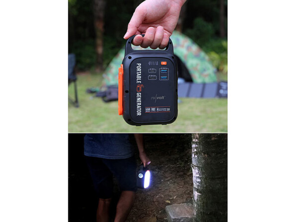 Batterie de secours 22500 mAh avec dynamo et lampe LED. Vue et mise en situation de nuit