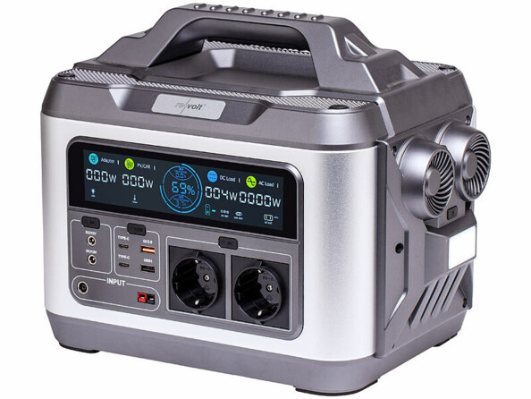 Station d'alimentation 1120 Wh pour accumulation d'énergie créée par panneau solaire avec multiples connecteurs de raccordement, lumière LED et poignée de transport