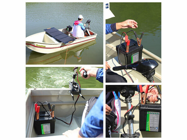 Mises en situation d'un panneau solaire branché à la batterie lithium-fer-phosphate sur un bateau sur lequel un homme en sweat à capuche et casquette branché le moteur de son bateau sur les bornes de la batterie