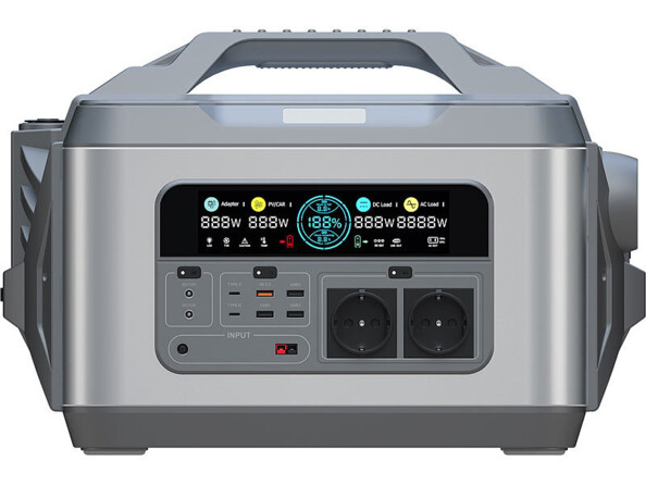 Vue sur la façade avant de la batterie nomade HSG-1200 Revolt dotée de multiples connecteurs et voyants, avec poignée de transport sur le dessus