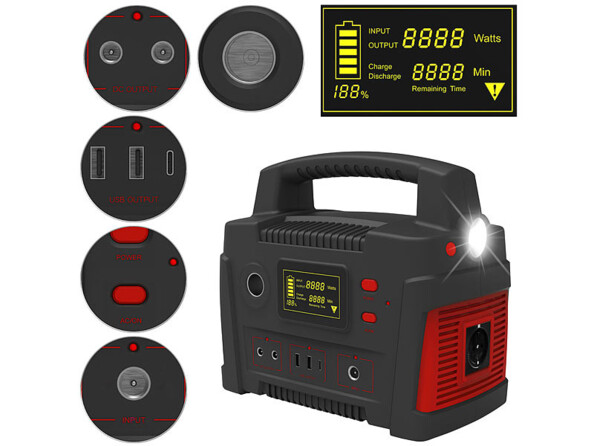 Batterie nomade 114 Ah vue 3/4 avec détails afficheur et commandes