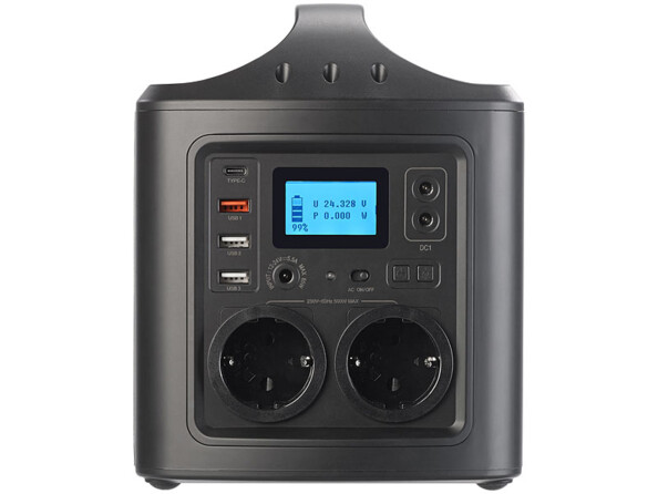 Facade d'une alimentation autonome avec prises USB, afficheur et prises secteurs