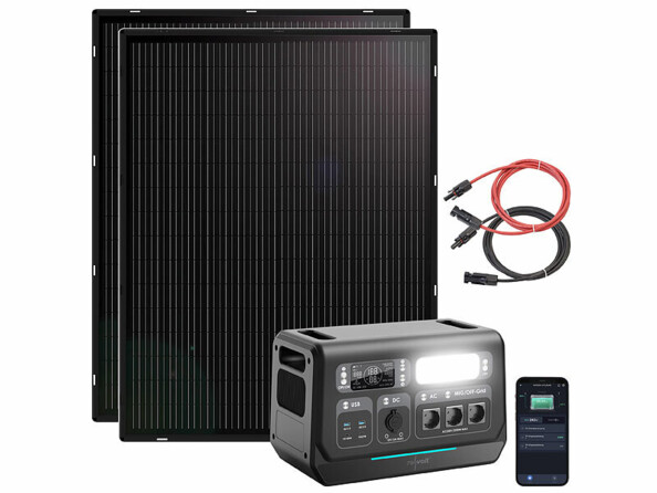 Pack avec batterie nomade HSG-2048, câble d'alimentation (M25 vers prise secteur), câble DC (XT60 vers allume-cigare), câble solaire (XT60 vers compatible MC4), câble adaptateur solaire, 2 panneaux solaires et 2 câbles compatibles MC4