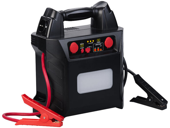 Batterie de secours 40 Ah modèle PB-600.kfz avec une prise 230 V, deux prises 12 V et un port USB intégré.