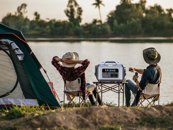 Deux compagnons détendus posés le long d'un plan d'eau sur leur chaise de camping avec la batterie nomade et convertisseur solaire HSG-1200 posée sur leur table et tente au premier plan