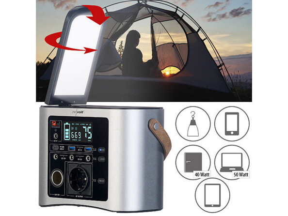 Batterie nomade et convertisseur solaire 333 Wh HSG-650 mise en situation avec écran LCD affichant des données, lampe de poche LED déplié avec logo indiquant une possible orientation et 5 logos indiquant les divers appareils qu'elle peut recharger