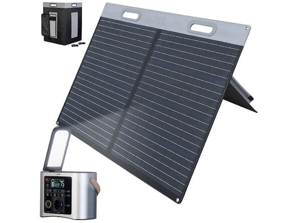 Pack générateur solaire HSG-650 avec panneau solaire avec régulateur de charge, câble d'alimentation XT60 vers Anderson, câble d'alimentation XT60 vers fiche creuse, adaptateur secteur 230 V et modes d'emploi en français