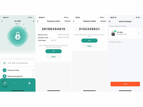 Captures d'écran de l'application du cadenas connecté