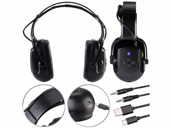 casque anti-bruit avec bleutooth sous différents angles avec accessoires