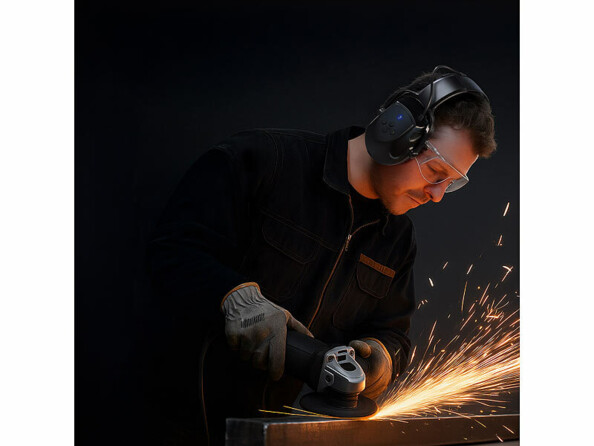 personne avec une disqueuse portant un casque anti-bruit