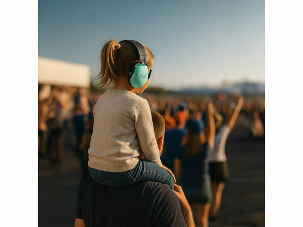 fillette portant un casque anti-bruit sur les épaules de son papa en concert