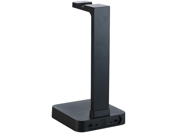 Station de chargement verticale et support pour casque audio coloris noir avec prise casque jack 3,5 mm, entrée optique Toslink et port de chargement USB à l'arrière