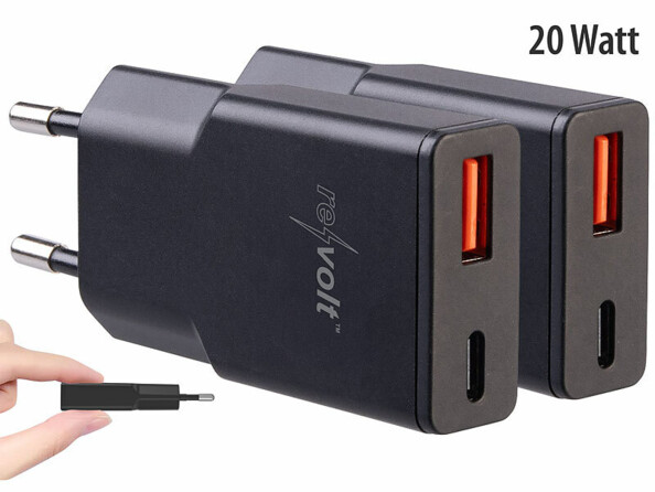 2 chargeurs secteur GaN USB-A / USB-C Power Delivery 20 W - coloris noir