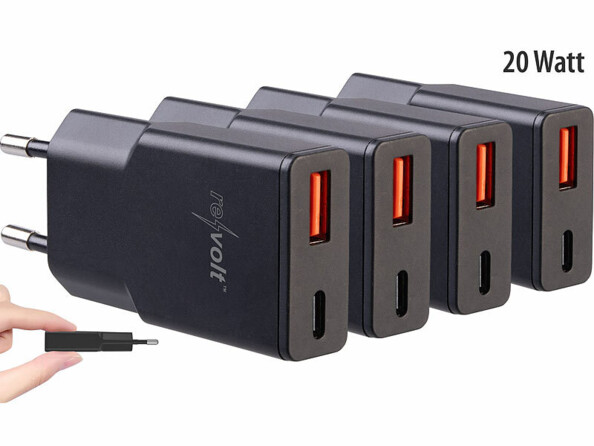 4 chargeurs secteur GaN USB-A / USB-C Power Delivery 20 W - coloris noir