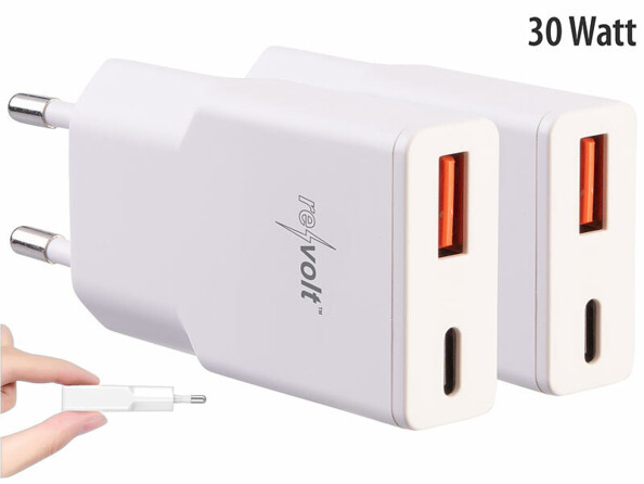 2 chargeurs secteur GaN USB-A / USB-C Power Delivery 30 W - coloris blanc