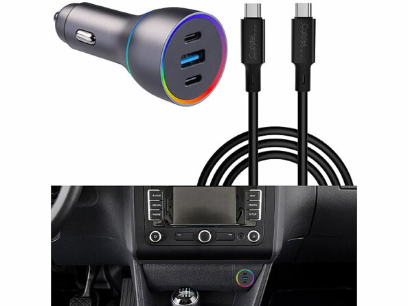 Pack avec chargeur USB pour prise allume-cigare, câble USB-C et mode d’emploi en français