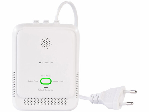 détecteur de gaz domestique connecté vu de face avec prise secteur