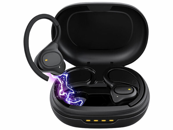 Écouteurs intra-auriculaires sport sans fil étanches IHS-825.bt avec fonction bluetooth 5.3 vue de face avec un écouteur sorti de l'étui