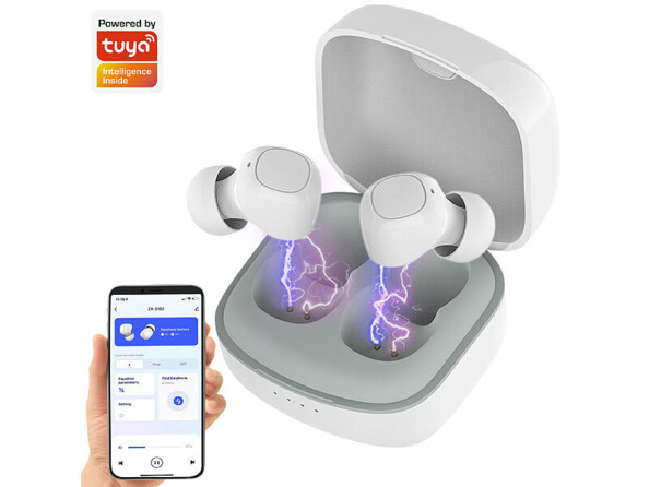 Ecouteurs true-wireless connectés avec bluetooth 5.0 et réduction de bruit IHS-625.app vue avec smartphone
